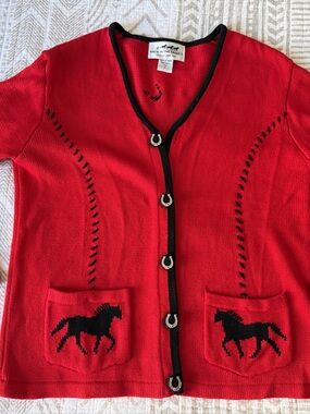 Back in the Saddle Red Cardigan with Black Trim and Horse Pockets